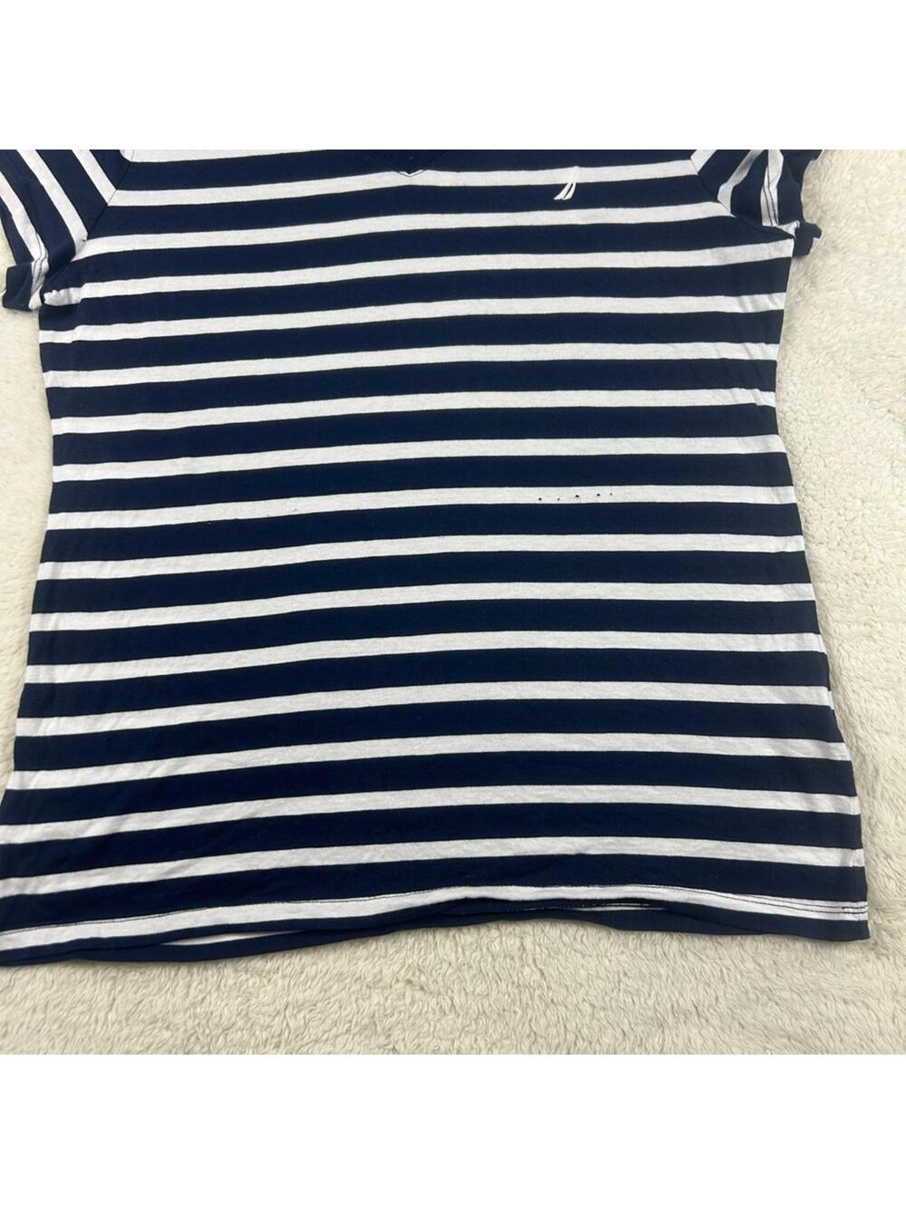 Nautica Women's Navy White Striped V-Neck Short Sleeve Tee Shirt Casual Top - Picture 4 of 9